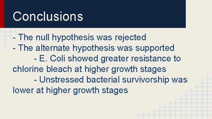 Conclusions - The null hypothesis was rejected - The alternate hypothesis was supported -