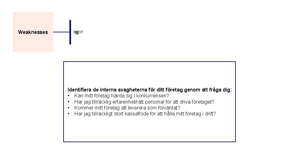 Weaknesses SWOT Identifiera de interna svagheterna för ditt företag genom att fråga dig: •