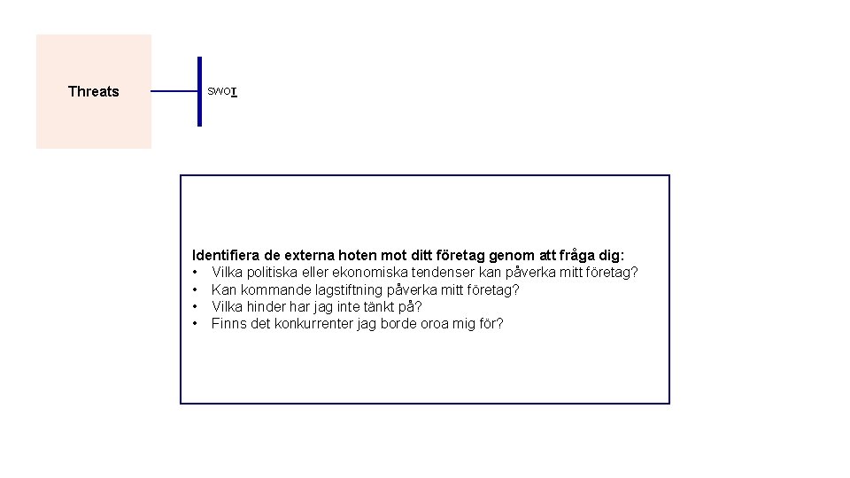 Threats SWOT Identifiera de externa hoten mot ditt företag genom att fråga dig: •