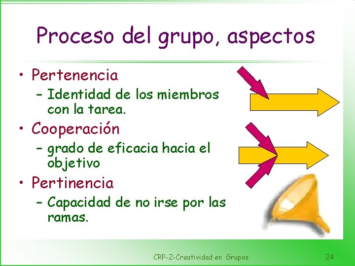 Proceso del grupo, aspectos • Pertenencia – Identidad de los miembros con la tarea.