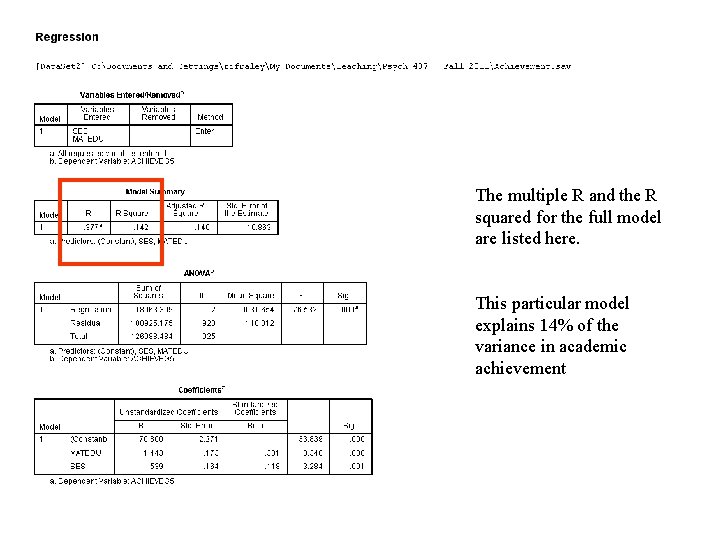 The multiple R and the R squared for the full model are listed here.