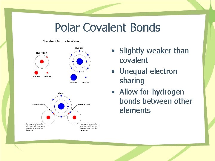 Polar Covalent Bonds • Slightly weaker than covalent • Unequal electron sharing • Allow