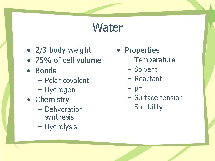 Water • 2/3 body weight • 75% of cell volume • Bonds – Polar