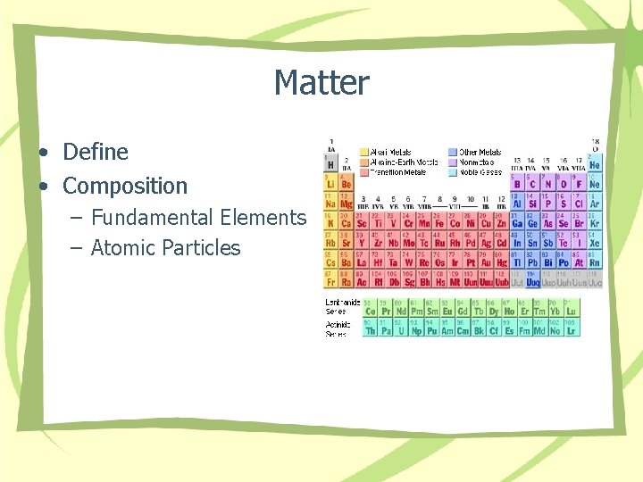 Matter • Define • Composition – Fundamental Elements – Atomic Particles 