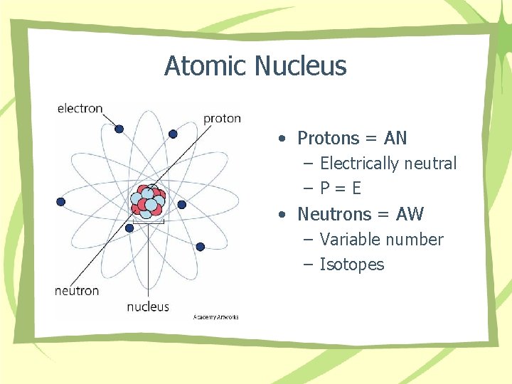 Atomic Nucleus • Protons = AN – Electrically neutral –P=E • Neutrons = AW