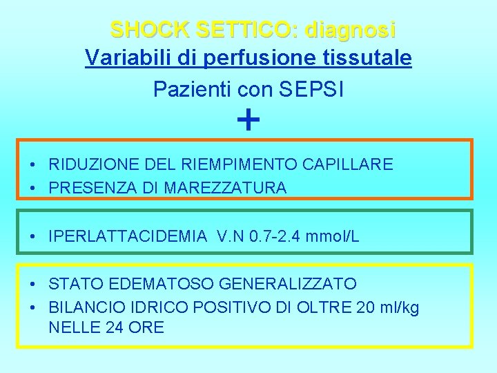 SHOCK SETTICO: diagnosi Variabili di perfusione tissutale Pazienti con SEPSI + • RIDUZIONE DEL