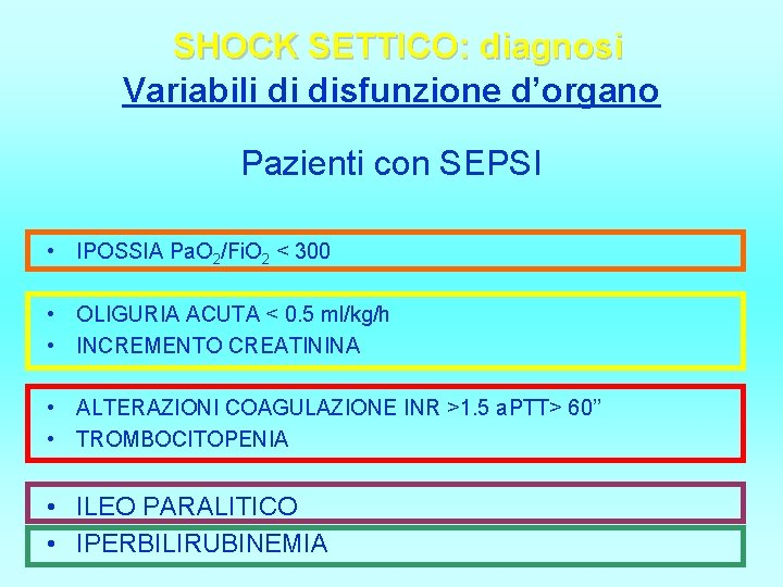 SHOCK SETTICO: diagnosi Variabili di disfunzione d’organo Pazienti con SEPSI • IPOSSIA Pa. O