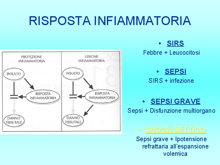 RISPOSTA INFIAMMATORIA • SIRS Febbre + Leucocitosi • SEPSI SIRS + infezione • SEPSI