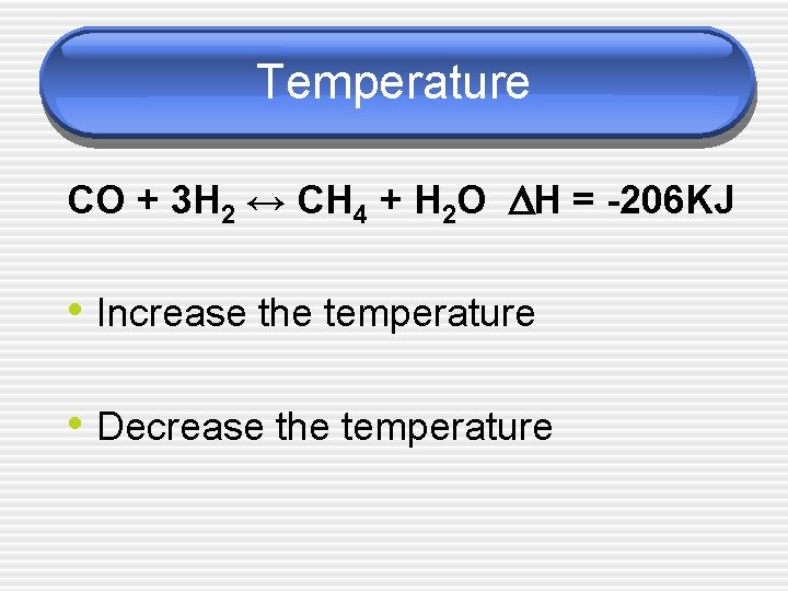 Temperature CO + 3 H 2 ↔ CH 4 + H 2 O H