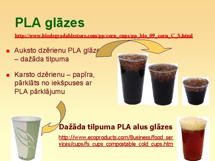 PLA glāzes http: //www. biodegradablestore. com/pp/corn_cups/pp_bio_09_corn_C_S. html n n Auksto dzērienu PLA glāzes –