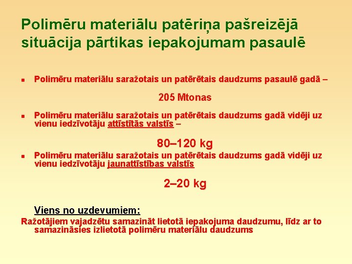 Polimēru materiālu patēriņa pašreizējā situācija pārtikas iepakojumam pasaulē n Polimēru materiālu saražotais un patērētais