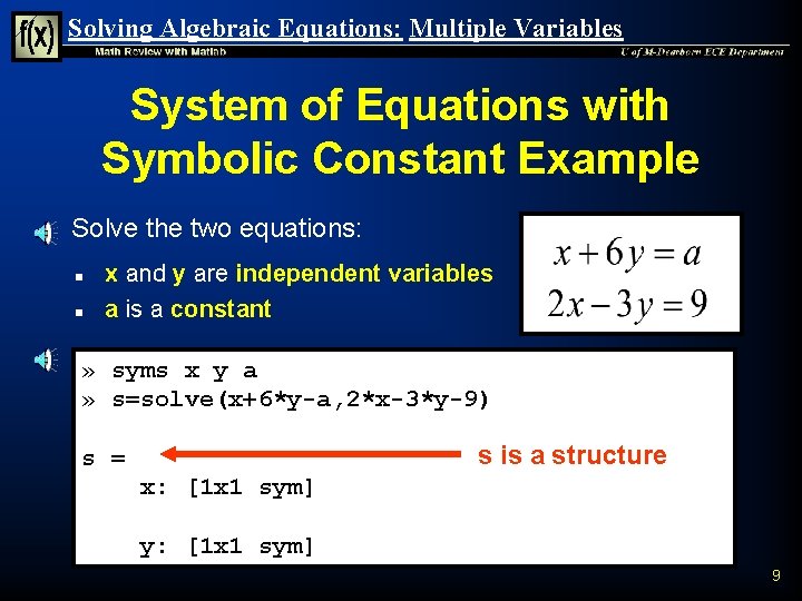 Solving Algebraic Equations: Multiple Variables System of Equations with Symbolic Constant Example n Solve