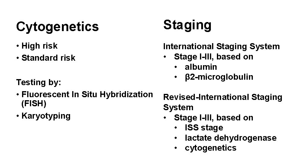 Cytogenetics Staging • High risk • Standard risk International Staging System • Stage I-III,
