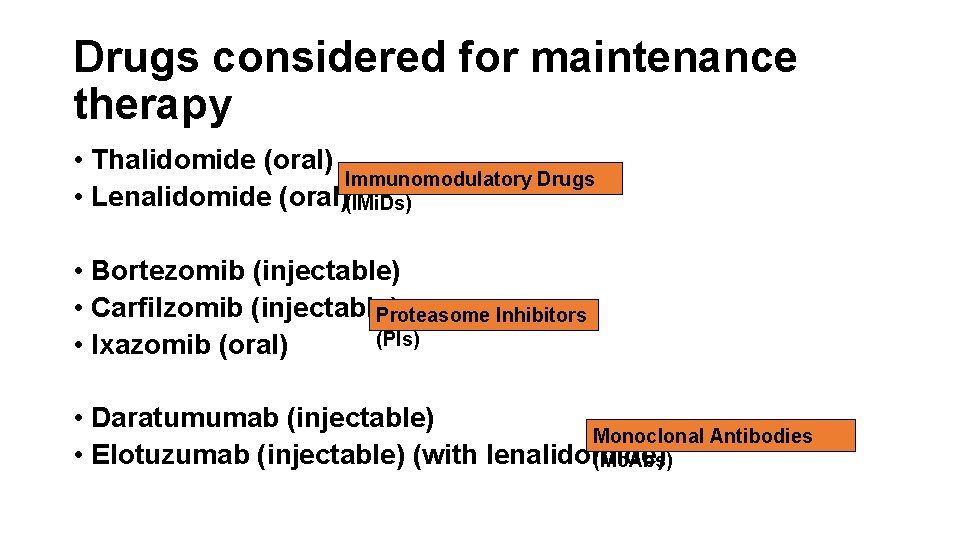 Drugs considered for maintenance therapy • Thalidomide (oral) Immunomodulatory Drugs • Lenalidomide (oral)(IMi. Ds)