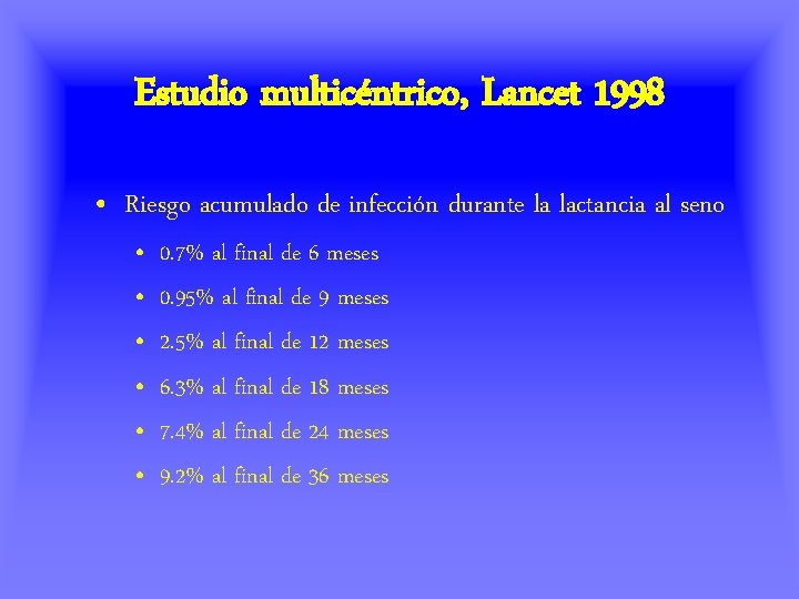 Estudio multicéntrico, Lancet 1998 • Riesgo acumulado de infección durante la lactancia al seno