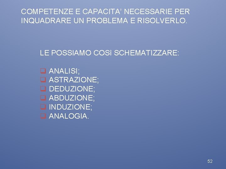 COMPETENZE E CAPACITA’ NECESSARIE PER INQUADRARE UN PROBLEMA E RISOLVERLO. LE POSSIAMO COSì SCHEMATIZZARE: