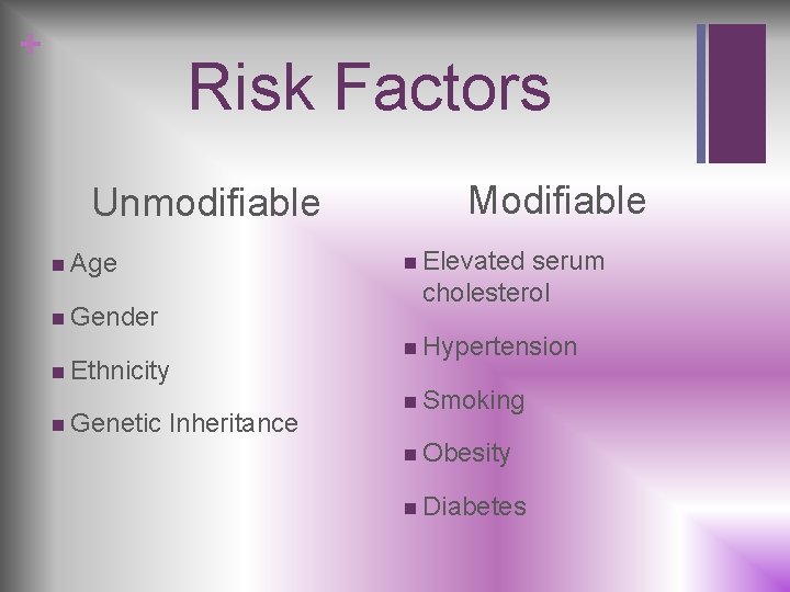 + Risk Factors Unmodifiable n Elevated serum cholesterol n Age n Gender n Ethnicity