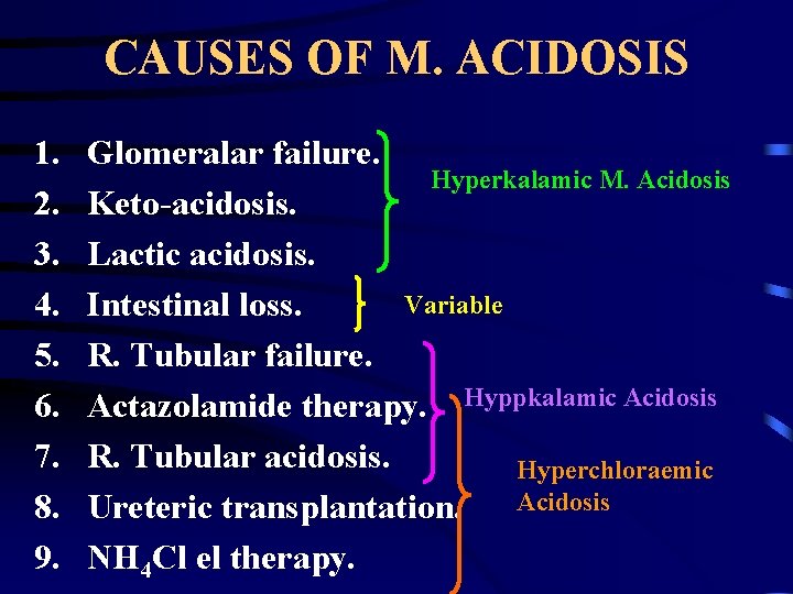 CAUSES OF M. ACIDOSIS 1. 2. 3. 4. 5. 6. 7. 8. 9. Glomeralar