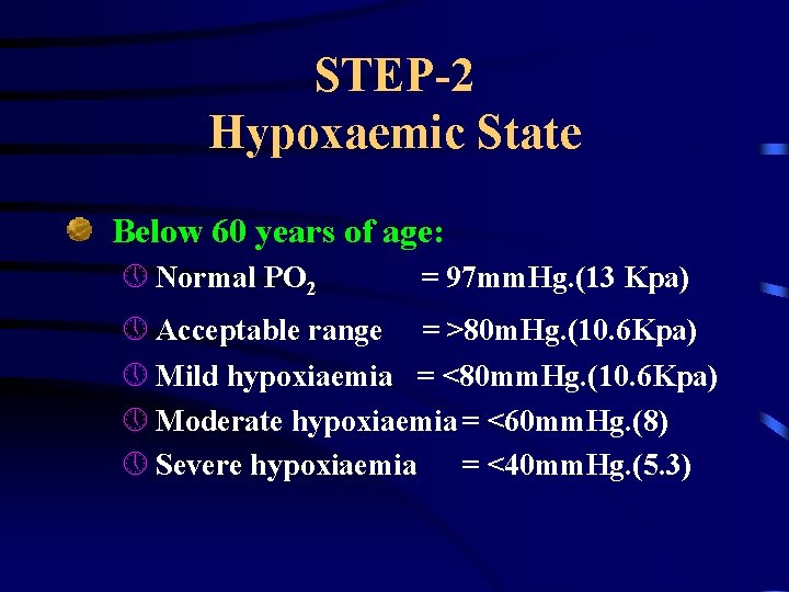 STEP-2 Hypoxaemic State Below 60 years of age: » Normal PO 2 = 97