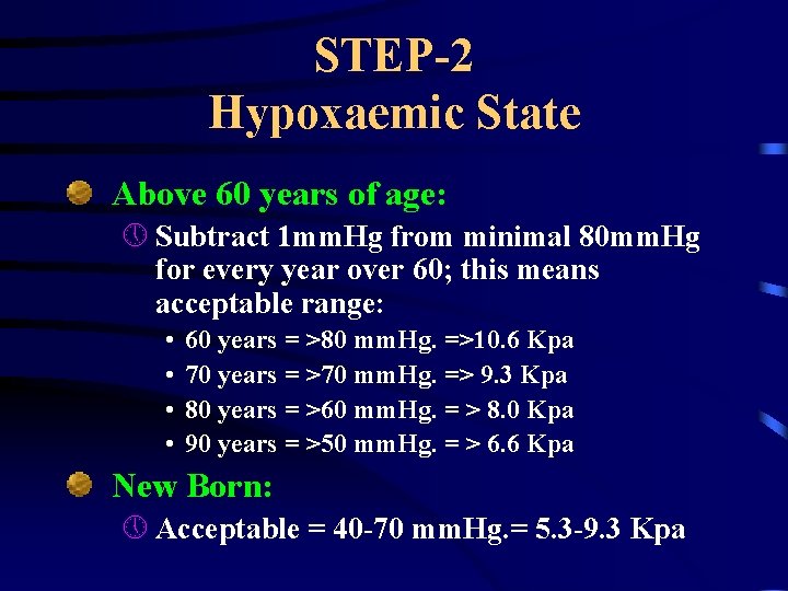 STEP-2 Hypoxaemic State Above 60 years of age: » Subtract 1 mm. Hg from