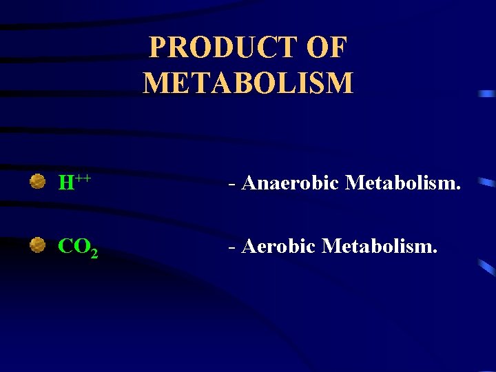 PRODUCT OF METABOLISM H++ - Anaerobic Metabolism. CO 2 - Aerobic Metabolism. 