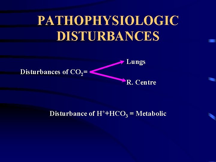 PATHOPHYSIOLOGIC DISTURBANCES Lungs Disturbances of CO 2= R. Centre Disturbance of H++HCO 3 =