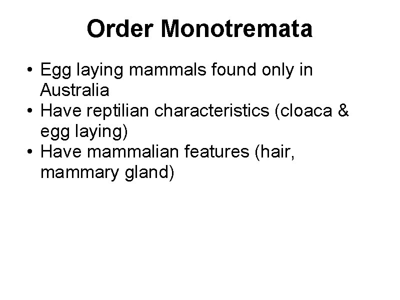 Order Monotremata • Egg laying mammals found only in Australia • Have reptilian characteristics