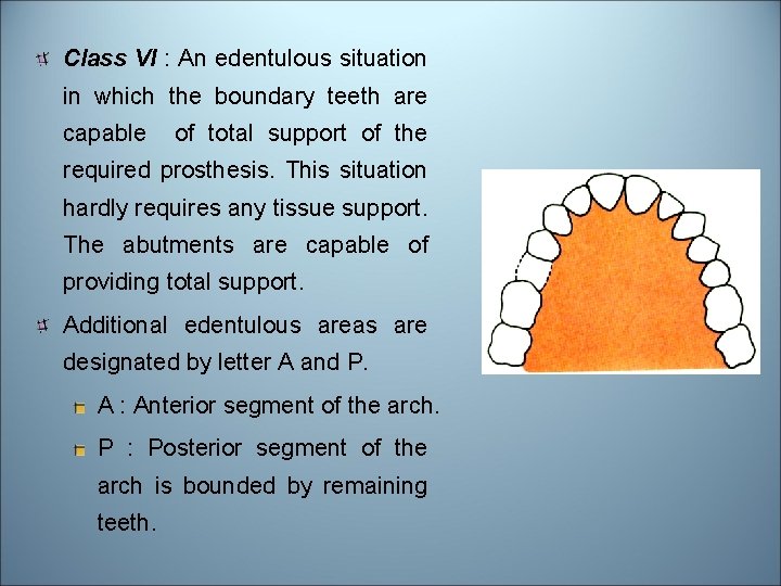 Class VI : An edentulous situation in which the boundary teeth are capable of