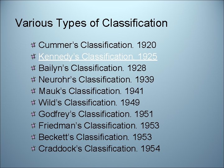 Various Types of Classification Cummer’s Classification. 1920 Kennedy’s Classification. 1925 Bailyn’s Classification. 1928 Neurohr’s