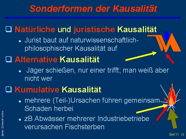 Sonderformen der Kausalität q Natürliche und juristische Kausalität l Jurist baut auf naturwissenschaftlichphilosophischer Kausalität