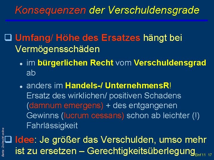 Konsequenzen der Verschuldensgrade q Umfang/ Höhe des Ersatzes hängt bei Vermögensschäden l Barta: Zivilrecht