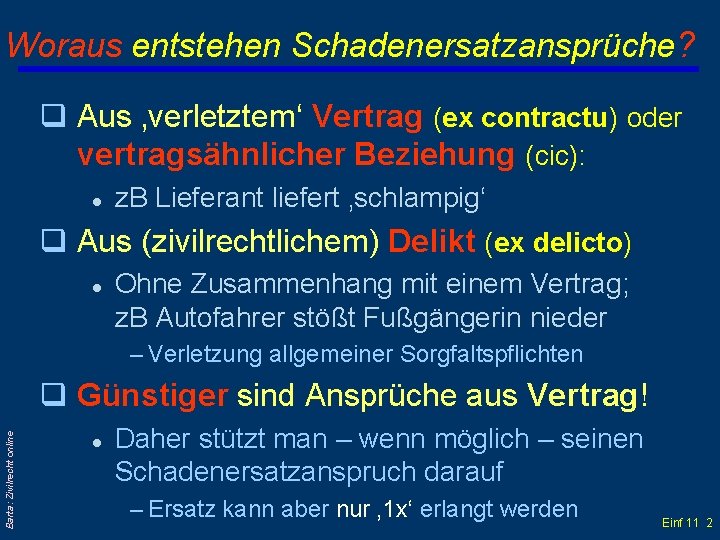Woraus entstehen Schadenersatzansprüche? q Aus ‚verletztem‘ Vertrag (ex contractu) oder vertragsähnlicher Beziehung (cic): l