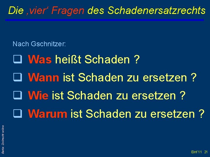 Die ‚vier‘ Fragen des Schadenersatzrechts Nach Gschnitzer: q Was heißt Schaden ? q Wann