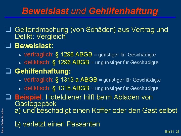 Beweislast und Gehilfenhaftung q Geltendmachung (von Schäden) aus Vertrag und Delikt: Vergleich q Beweislast: