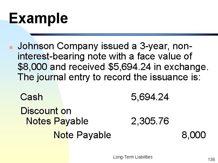 Example n Johnson Company issued a 3 -year, noninterest-bearing note with a face value