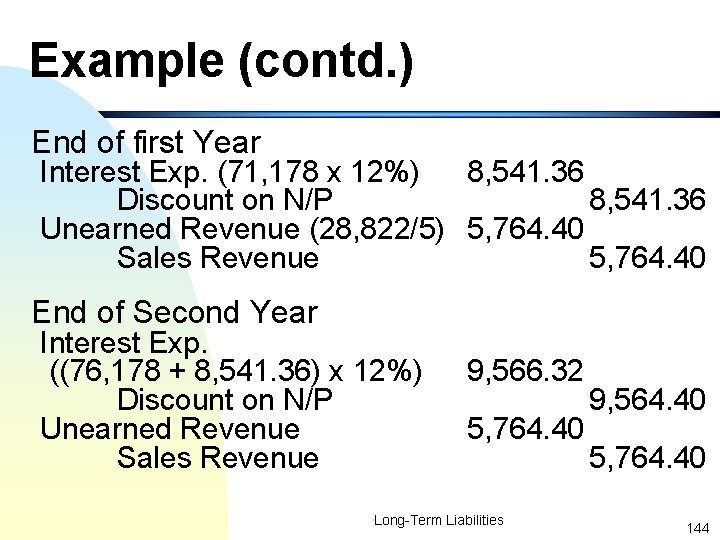 Example (contd. ) End of first Year Interest Exp. (71, 178 x 12%) 8,