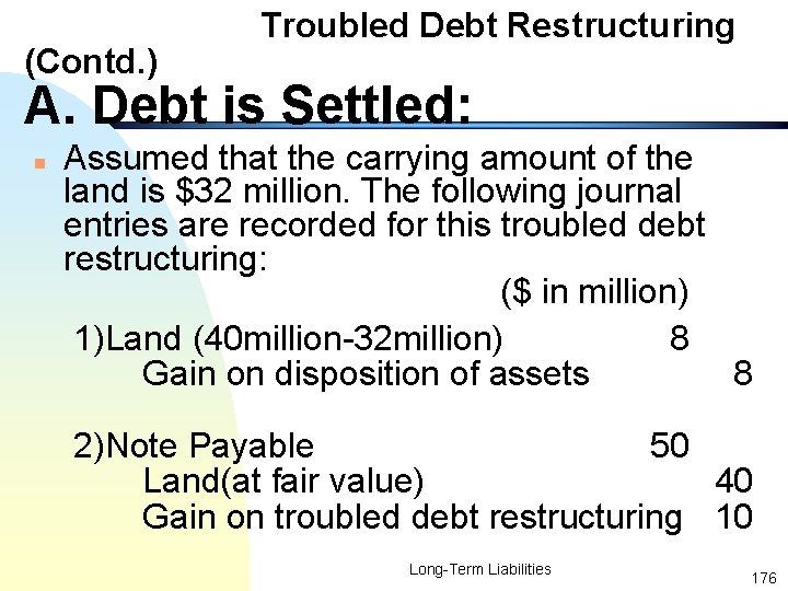 (Contd. ) Troubled Debt Restructuring A. Debt is Settled: n Assumed that the carrying