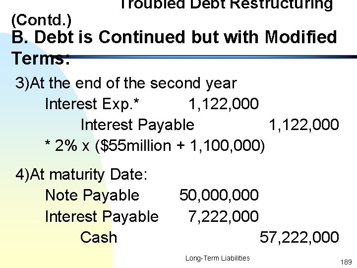 (Contd. ) Troubled Debt Restructuring B. Debt is Continued but with Modified Terms: 3)At