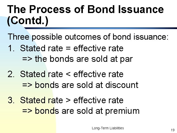 The Process of Bond Issuance (Contd. ) Three possible outcomes of bond issuance: 1.