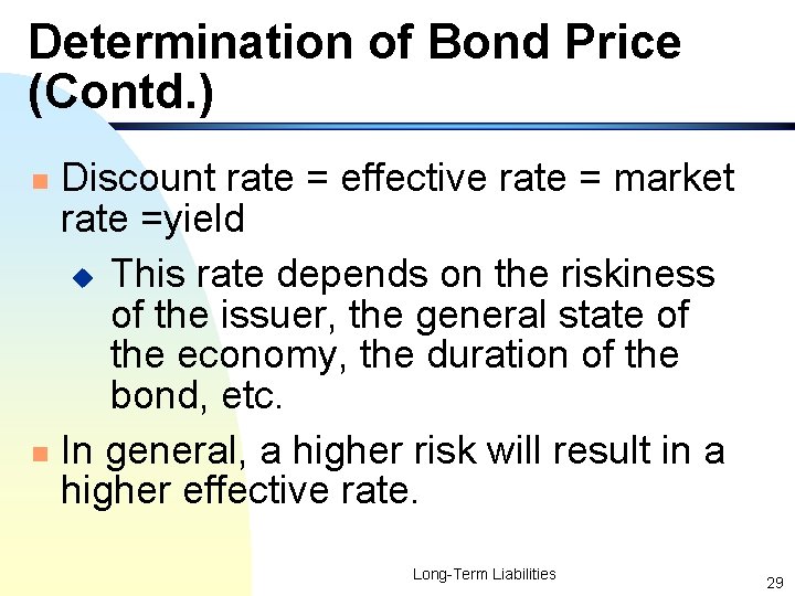 Determination of Bond Price (Contd. ) Discount rate = effective rate = market rate