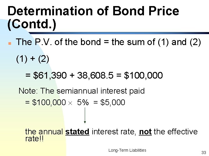 Determination of Bond Price (Contd. ) n The P. V. of the bond =
