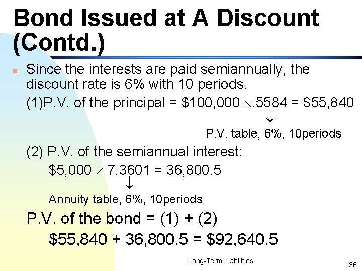 Bond Issued at A Discount (Contd. ) n Since the interests are paid semiannually,