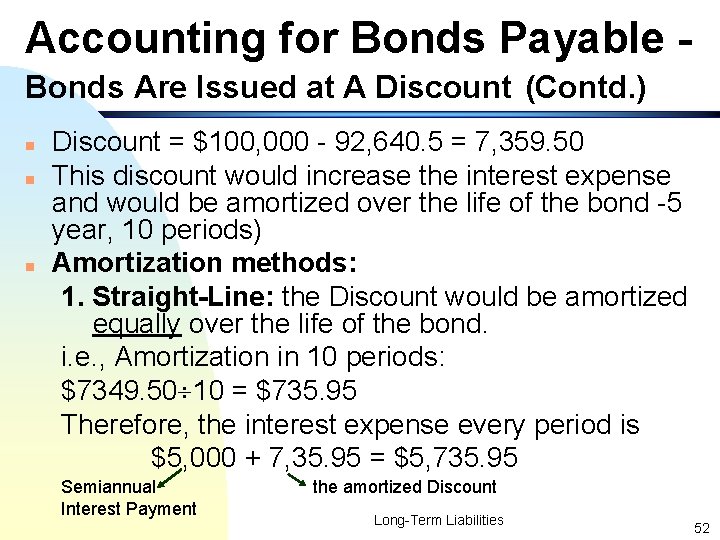 Accounting for Bonds Payable Bonds Are Issued at A Discount (Contd. ) n n