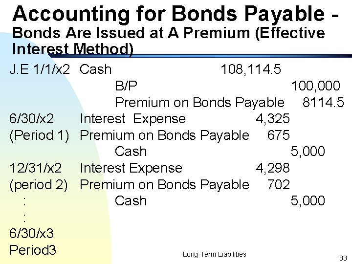 Accounting for Bonds Payable Bonds Are Issued at A Premium (Effective Interest Method) J.