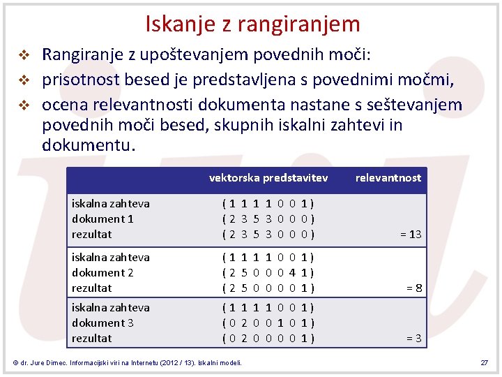 Iskanje z rangiranjem v v v Rangiranje z upoštevanjem povednih moči: prisotnost besed je