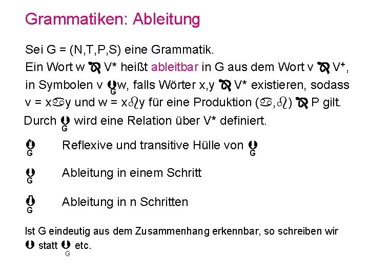 Grammatiken: Ableitung Sei G = (N, T, P, S) eine Grammatik. Ein Wort w