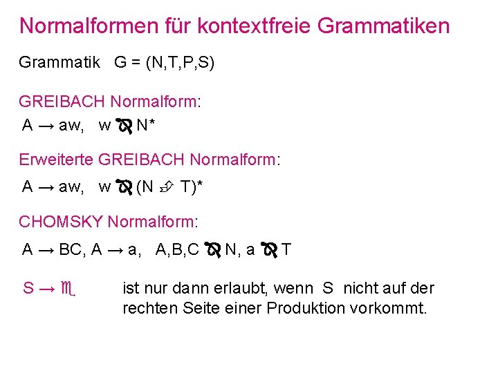 Normalformen für kontextfreie Grammatiken Grammatik G = (N, T, P, S) GREIBACH Normalform: A