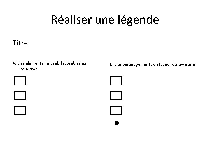 Réaliser une légende Titre: A. Des éléments naturels favorables au tourisme B. Des aménagements