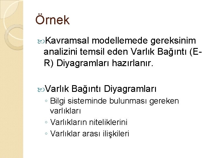 Örnek Kavramsal modellemede gereksinim analizini temsil eden Varlık Bağıntı (ER) Diyagramları hazırlanır. Varlık Bağıntı