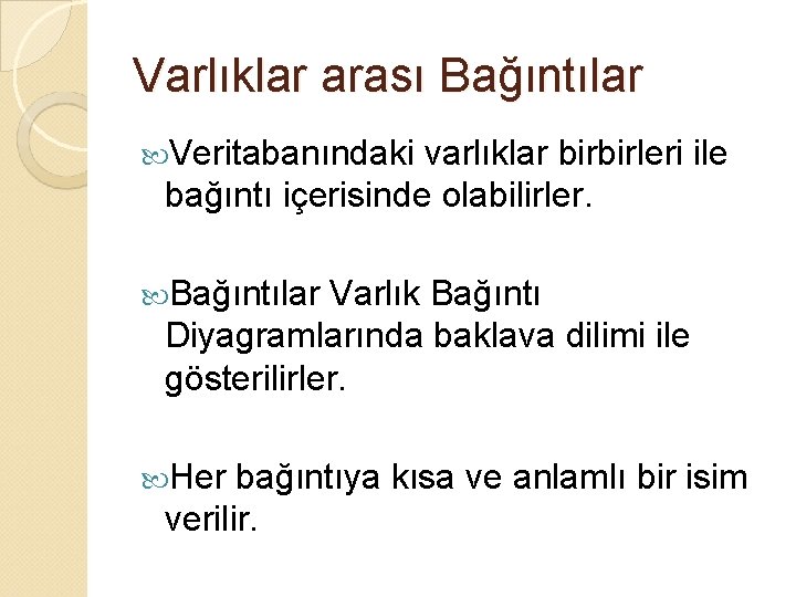 Varlıklar arası Bağıntılar Veritabanındaki varlıklar birbirleri ile bağıntı içerisinde olabilirler. Bağıntılar Varlık Bağıntı Diyagramlarında